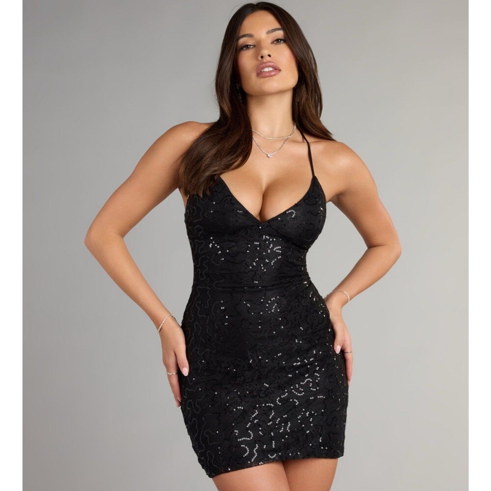Starlit Nights Lace Sequin Lace Up Mini Black Homecoming Formal Dress XS NEW